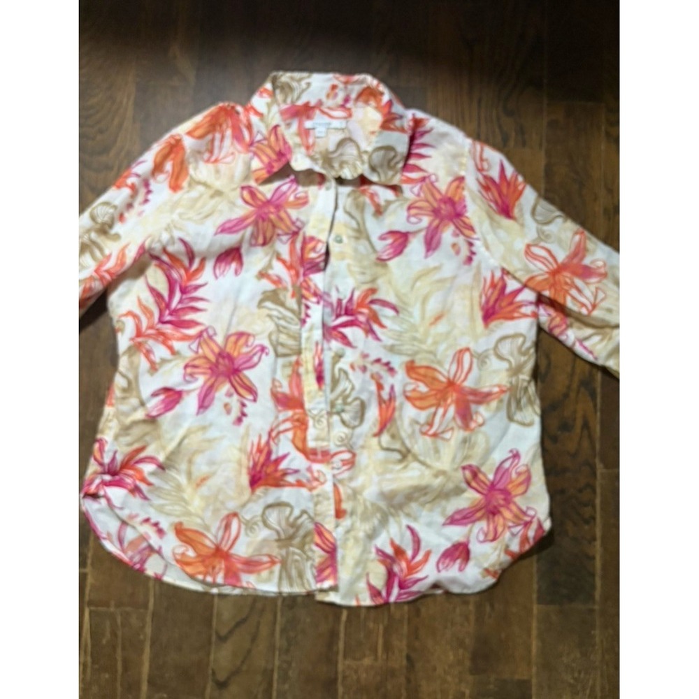 Chicos 100% Linen 3/4 Sleeve Floral Button Up Shirt Top Size 2.5/ US 14
